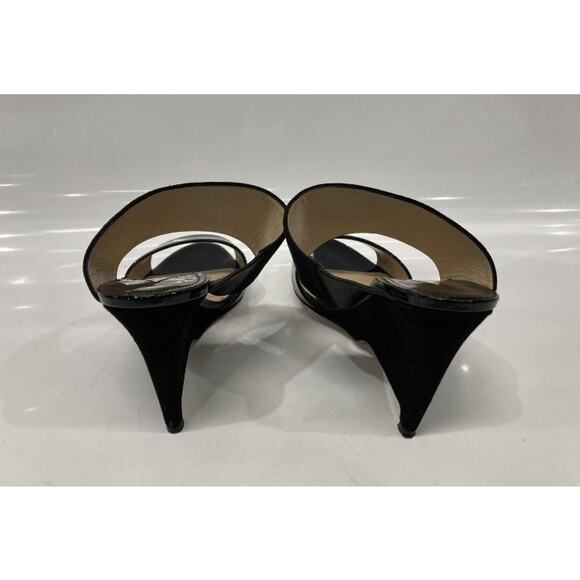 Paul Andrew Black Open Toe Patent Velvet Wedge Sandals - Picture 11 of 14